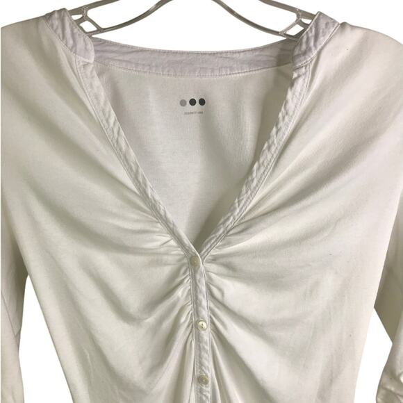 Three Dots Ruched Top Womens Small AJ4B302 White Deep V-Neck Button Down - Picture 4 of 6